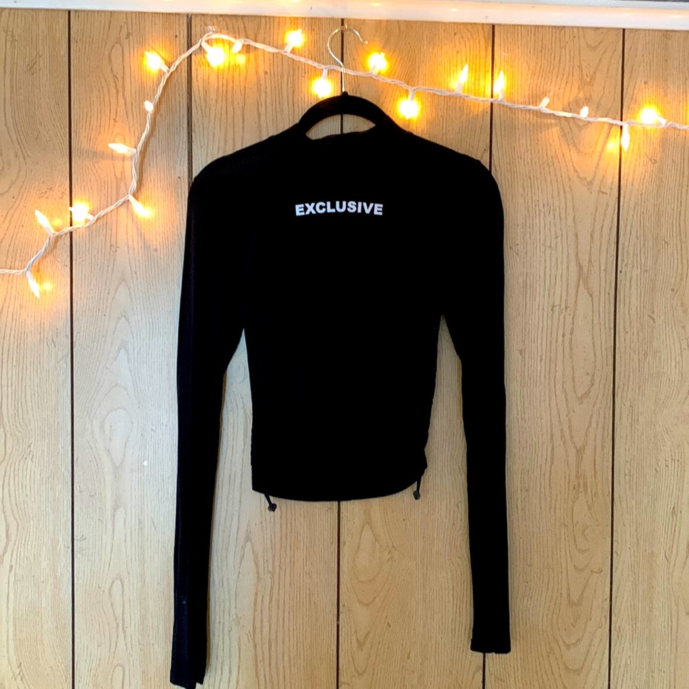 black mock neck mesh long sleeve with side drawstrings